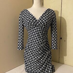 Lauren Ralph Lauren Womens 6P Ruched Sheath Dress 3/4 Sleeve V-Neck Navy White